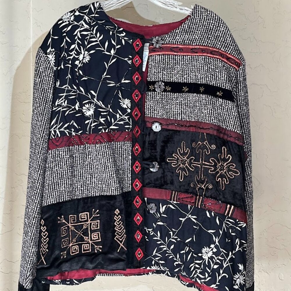 Coldwater Creek Quilted Jacket Women’s 2XL Patchwork Wool Silk Blend Button Top